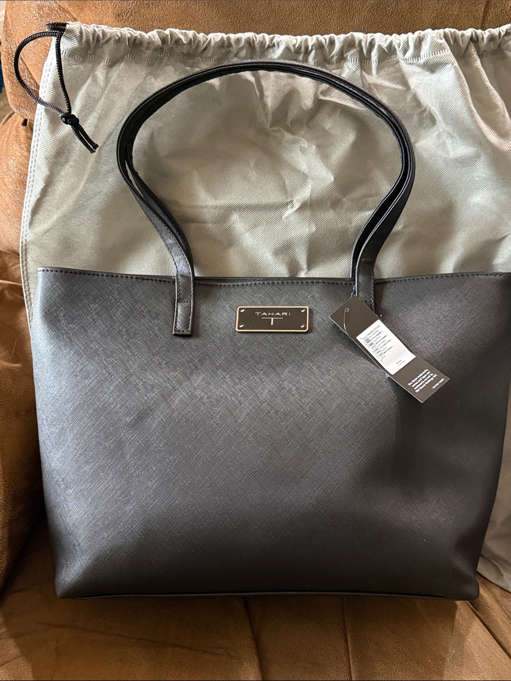 Tahari Black Saffiano-Style Tote with Logo Plaque